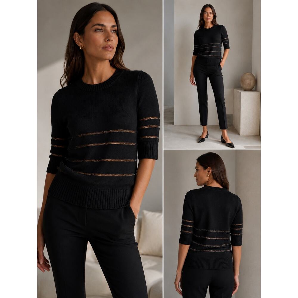 Derek Lam 10 Crosby Black Sheer Stripe Sweater Metallic Trim Quiet Luxury Knit